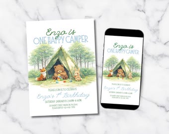 One Happy Camper Birthday Invitation, First Birthday Camping Party Invite, Instant Download, Editable Canva Template