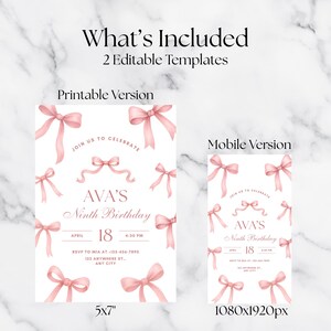 Puede incluir: Se muestran dos plantillas de invitaci&oacute;n de cumplea&ntilde;os, una imprimible y otra para m&oacute;vil. El dise&ntilde;o presenta lazos rosas sobre un fondo blanco. El texto dice "AVA'S Ninth Birthday" con la fecha 18 de abril.