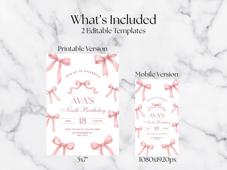 Puede incluir: Se muestran dos plantillas de invitaci&oacute;n de cumplea&ntilde;os, una imprimible y otra para m&oacute;vil. El dise&ntilde;o presenta lazos rosas sobre un fondo blanco. El texto dice "AVA'S Ninth Birthday" con la fecha 18 de abril.
