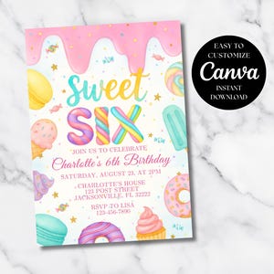 Inbjudan till Sweet Six-födelsedag | Inbjudan till 6-årsfest med temat sötsaker | Födelsedagsfest i Candyland-stil | Redigerbar Canva-mall