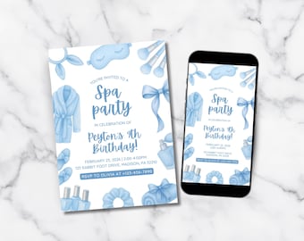 Invitación para fiesta de cumpleaños con temática de spa, invitación azul para fiesta de spa para niña, descarga digital imprimible, plantilla editable de Canva.