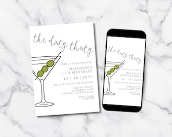 Dirty Thirty Birthday Invitation, 30th Birthday Invite, Cocktail Party, Editable Canva Template