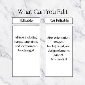 Puede incluir: Gr&aacute;fico con el t&iacute;tulo "What Can You Edit" sobre un fondo de m&aacute;rmol. El lado izquierdo, etiquetado como "Editable", enumera el texto que se puede cambiar, incluido el nombre, la fecha, la hora y la ubicaci&oacute;n. El lado derecho, "Not Editable", enumera el tama&ntilde;o, la orientaci&oacute;n, las im&aacute;genes, el fondo y los elementos de dise&ntilde;o.