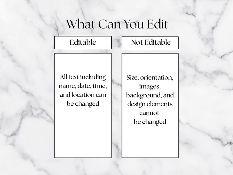 Puede incluir: Gr&aacute;fico con el t&iacute;tulo "What Can You Edit" sobre un fondo de m&aacute;rmol. El lado izquierdo, etiquetado como "Editable", enumera el texto que se puede cambiar, incluido el nombre, la fecha, la hora y la ubicaci&oacute;n. El lado derecho, "Not Editable", enumera el tama&ntilde;o, la orientaci&oacute;n, las im&aacute;genes, el fondo y los elementos de dise&ntilde;o.
