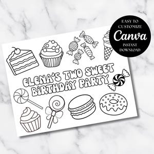Puede incluir: Ilustración en blanco y negro de dulces y golosinas, que incluyen una porción de pastel, cupcakes, caramelos, un cono de helado, una piruleta, un macaron y una rosquilla. El texto dice "ELENA'S TWO SWEET BIRTHDAY PARTY". Un círculo negro con texto blanco dice "EASY TO CUSTOMIZE Canva INSTANT DOWNLOAD".