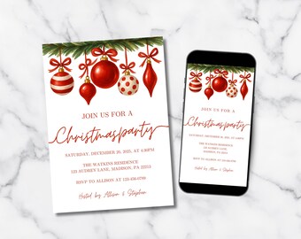 Può includere: Un invito a una festa di Natale con ornamenti rossi e testo. L'invito, su sfondo bianco, recita "Join us for a Christmas party". Uno smartphone mostra lo stesso invito.
