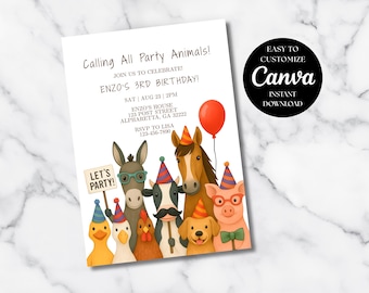 Invitation à une fête d'anniversaire avec tous les fêtards, invitation à une fête dans la basse-cour pour enfants, thème fête des animaux de la ferme, modèle de toile modifiable