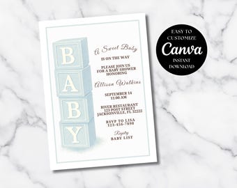 Junge Babypartyeinladung, blaue Blöcke Babyparty einladen, druckbare bearbeitbare Canva-Vorlage, klassische Babypartyeinladung