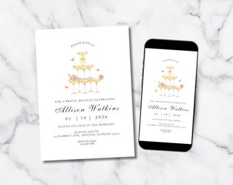 Invitación para brunch nupcial, invitación para despedida de soltera, Torre de champán, descarga instantánea, plantilla editable de Canva
