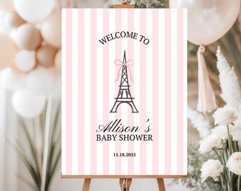 Letrero de bienvenida rosa para baby shower "Bonjour Bébé", temática parisina, decoración para baby shower de niña inspirada en la Torre Eiffel, plantilla editable de Canva