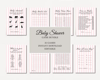 Rosa babyshower-spelset, rosa randigt Bonjour Bébé-tema, babyshoweraktiviteter, direktnedladdning, redigerbar Canva-mall