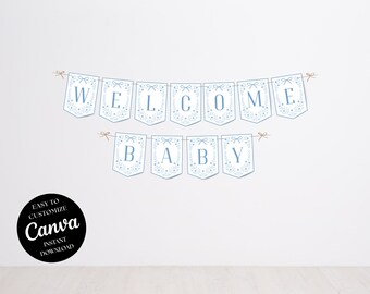 Blue Floral Baby Shower Banner, Editable Baby Shower Decoration, Printable Baby Banner Garland, Custom Welcome Baby Sign Canva Template