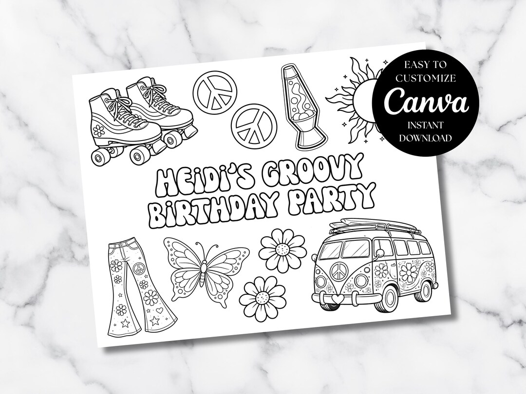 Groovy Birthday Party Coloring Pages, 70s Vibe Coloring Sheets ...