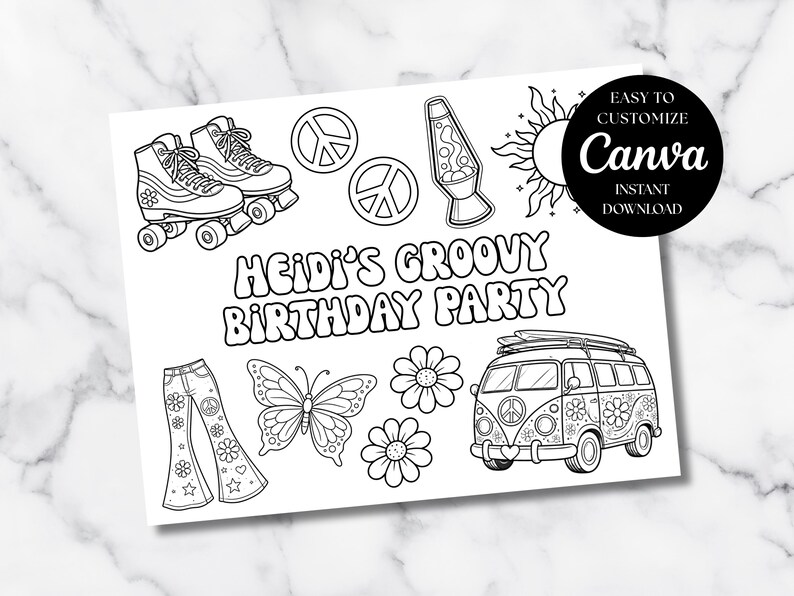 Groovy Birthday Party Coloring Pages, 70s Vibe Coloring Sheets ...