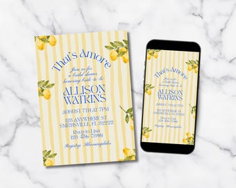 That’s Amore Bridal Shower Invitation, Italian Amalfi Coast Theme Bridal Shower Invite, Lemons and Stripes, Editable Canva Template