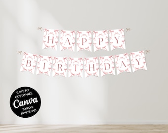 Banner de cumpleaños con lazo rosa, banner de feliz cumpleaños, decoraciones para fiestas Coquette, plantilla editable de Canva, descarga instantánea, decoración fácil