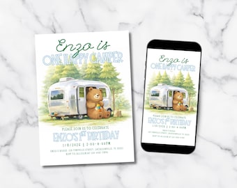 One Happy Camper Birthday Invitation, First Birthday Camping Party Invite, Instant Download, Editable Canva Template