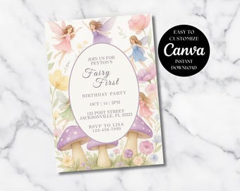 Invitación para el primer cumpleaños de una hada, invitación para el primer cumpleaños de una niña, invitación caprichosa con temática de bosque, hadas y hongos, plantilla de Canva