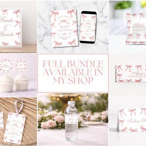 Puede incluir: Un conjunto de suministros para fiestas con un tema de lazo rosa. Incluye un letrero, invitaciones, adornos para cupcakes, bolsas de golosinas, envoltorios de barras de chocolate, etiquetas de regalo, etiquetas para botellas de agua y tarjetas de lugar. El texto incluye "Treats & Sweets".