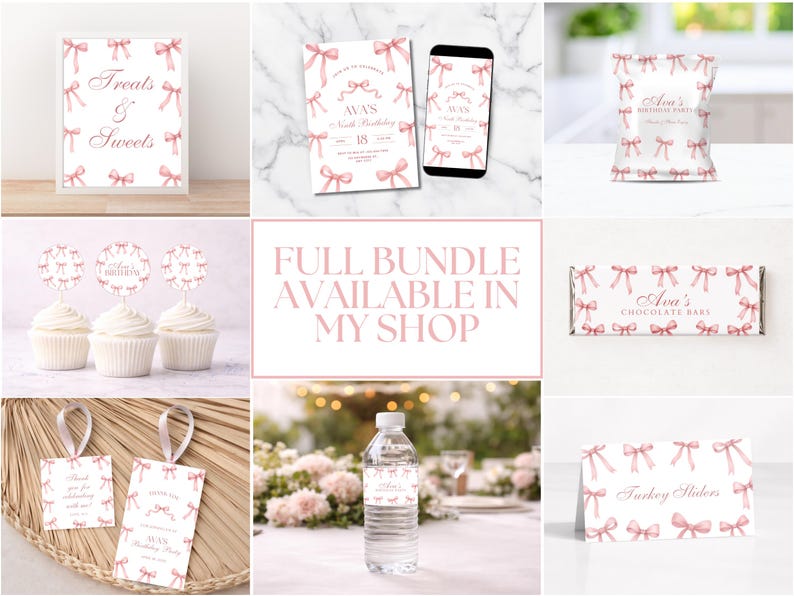 Puede incluir: Un conjunto de suministros para fiestas con un tema de lazo rosa. Incluye un letrero, invitaciones, adornos para cupcakes, bolsas de golosinas, envoltorios de barras de chocolate, etiquetas de regalo, etiquetas para botellas de agua y tarjetas de lugar. El texto incluye "Treats & Sweets".