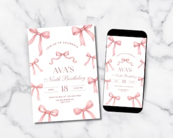 Invitación de cumpleaños con lazo rosa, invitación para fiesta de niñas, descarga digital imprimible, plantilla editable de Canva