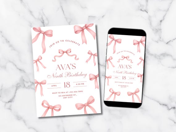 Pink Bow Birthday Invitation, Girls Coquette Party Invite, Printable Digital Download, Editable Canva Template