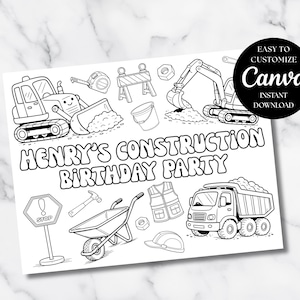 May include: Black and white construction-themed birthday party printable with illustrations of construction vehicles, tools, and the text "Henry's Construction Birthday Party". Includes a stop sign, wheelbarrow, and hard hat.