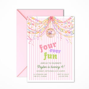 May include: A rectangular invitation card with a light pink and white vertical striped background, featuring a watercolor disco ball and colorful paper chains. The text reads four ever fun, JOIN US TO CELEBRATE, Peyton is turning 4!, and event details.