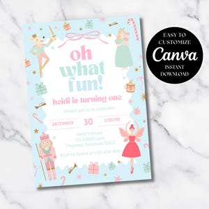 May include: A light blue invitation card with a festive design. The text "oh what fun!" is displayed in pink and mint green. The card includes illustrations of a nutcracker, a ballerina, and other holiday-themed elements. The text "heidi is turning one" is also included.