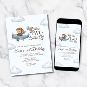 May include: A light blue birthday invitation and a smartphone displaying the same design. The invitation features a cartoon monkey in a plane with the text "Time Two Take Off" and details for Enzo's 2nd birthday.