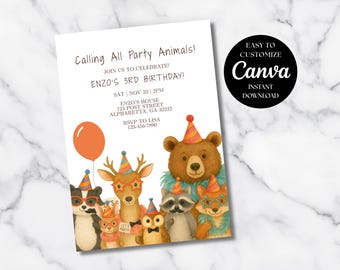 Puede incluir: Una invitación blanca con el texto "Calling All Party Animals!" y "Enzo's 3rd Birthday!" presenta ilustraciones en acuarela de animales de fiesta, incluyendo un oso, un ciervo, un mapache y un zorro. Se ve un globo naranja. La invitación incluye el texto "Easy to Customize Canva Instant Download."