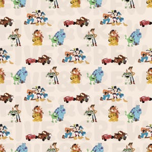 May include: A repeating pattern on a light beige background featuring various Disney and Pixar characters including Mickey Mouse, Donald Duck, Goofy, Woody, Buzz Lightyear, Lightning McQueen, Mater, Simba, Pumbaa, Mike Wazowski, and Sulley.