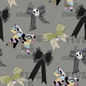 Puede incluir: Un patrón sin costuras que presenta varios lazos en diferentes colores y estilos. Los lazos están sobre un fondo gris. Algunos lazos son negros, otros son verdes y otros son de retazos.