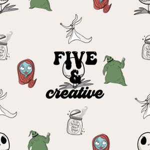 Puede incluir: Patrón repetitivo con personajes de Pesadilla antes de Navidad. El diseño incluye a Jack Skellington, Sally, Zero y Oogie Boogie, junto con el texto "FIVE & creative" en una fuente retro. La paleta de colores es principalmente negro, blanco y tonos de verde y rojo.