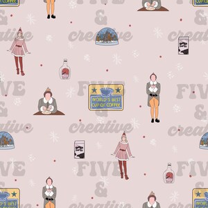 May include: A seamless pattern featuring a variety of Christmas-themed illustrations, including a snow globe, a cup of coffee, a bottle of maple syrup, and a character from the movie Elf. The pattern is set against a light pink background with white snowflakes and red dots.