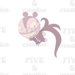 Puede incluir: Ilustración de dibujos animados de una criatura con una gran sonrisa dentada y dos orejas pequeñas. La criatura es principalmente de color púrpura apagado con una cara púrpura más clara y una cola larga y curvada. El fondo es blanco.