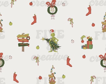 以下が含まれることがあります： グリンチと他のクリスマスキャラクターをフィーチャーしたシームレスパターン。パターンには、クリスマスツリーを持ったグリンチ、
