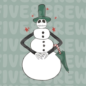 May include: A cartoon snowman with a green top hat and a candy cane umbrella. The snowman has a skull face and skeletal arms. The background is a light green with the words "Five & Crew" repeated.