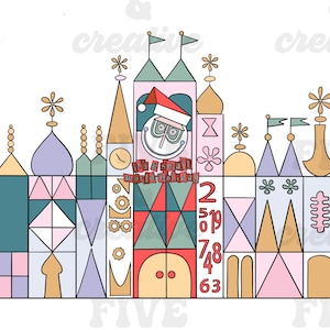 Op de afbeelding: Een kleurrijke illustratie van een grillig gebouw met verschillende geometrische vormen en architectonische details. Het ontwerp bevat een klok, vlaggen en de tekst "It's a small world holiday". Twee stripfiguren in rode uniformen.