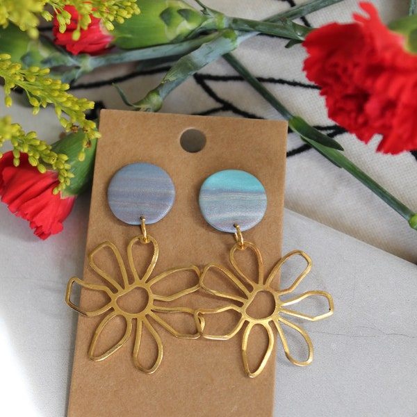 Blue and gold flower earrings
