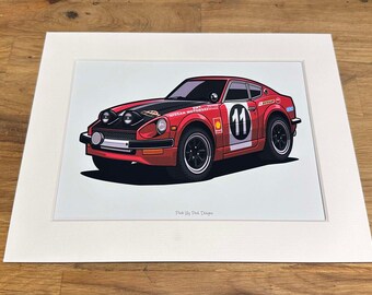 Datsun 240z Rally Car Cartoon Mounted Print - Pink Lily Pad Artwork - Ready to frame