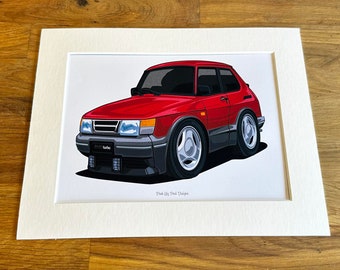 Op cartoon Saab 900 Turbo gemonteerde print - roze lelieblad-kunstwerk - klaar om in te lijsten