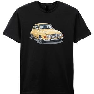 May include: Black t-shirt featuring a yellow vintage car illustration. The car has a classic design with chrome accents and headlights. The graphic is centered on the shirt, offering a clean and simple design. The car is a light yellow color.
