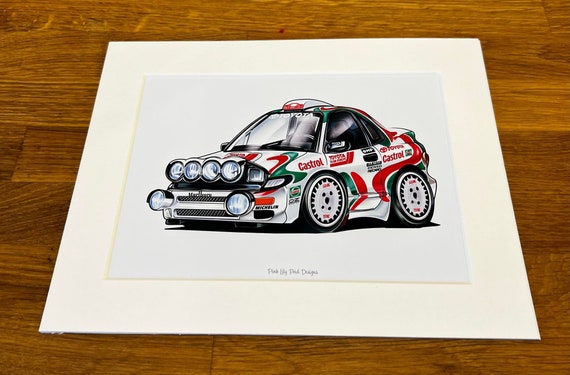 Toyota Celica GT4 Cartoon Mounted Print - Pink Lily Pad Artwork