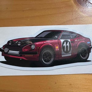 Datsun 240z Rally Car Cartoon Style Sticker
