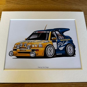 Ford Escort Cosworth Cartoon Mounted Print - Pink Lily Pad Artwork - Ready to frame