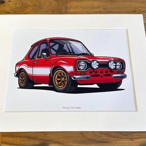 Ford Escort Rally Car Cartoon Mounted Print - Pink Lily Pad Artwork - Ready to frame