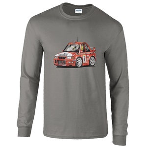 May include: A grey long-sleeved t-shirt featuring a cartoon illustration of a red rally car with the word "Marlboro" on the side. The car has the number "1" on the door.