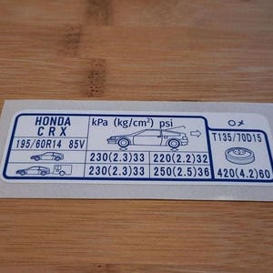 CRX / Civic / Prelude / S2000 Tyre Information Decal