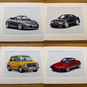 May include: A collection of four matted art prints featuring illustrations of a silver MG TF convertible, a black Mercedes-Benz saloon, a yellow Mini Clubman, and a red Fiat X1/9 sports car, each displayed on a white background with text.